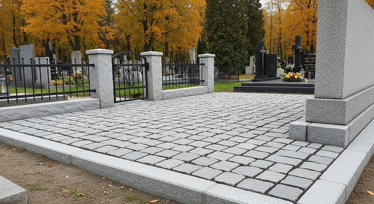 Благоустройство захоронений в Калининграде — мощение гранитной плиткой, цоколь и ограда на ухоженном участке