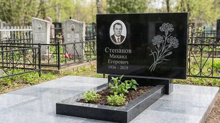 Памятник с гравировкой гвоздик — выполненная работа «Степанов» в Калининграде