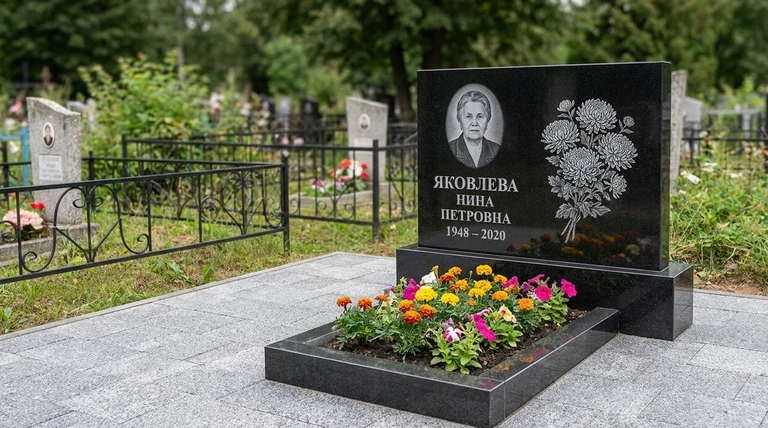Гравировка хризантем на памятник в Калининграде — пример работы на граните