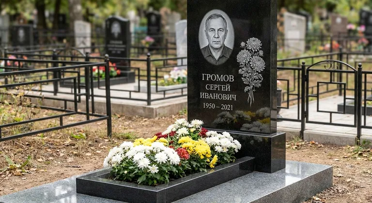 Памятник с гравировкой хризантем — выполненная работа «Громов» в Калининграде