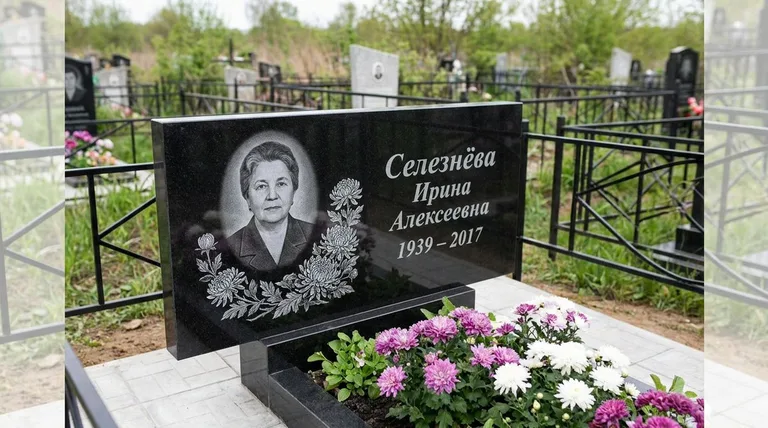 Памятник с гравировкой хризантем — выполненная работа «Селезнёва» в Калининграде
