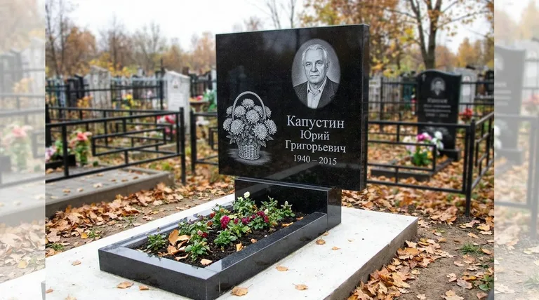 Памятник с гравировкой хризантем — выполненная работа «Капустин» в Калининграде
