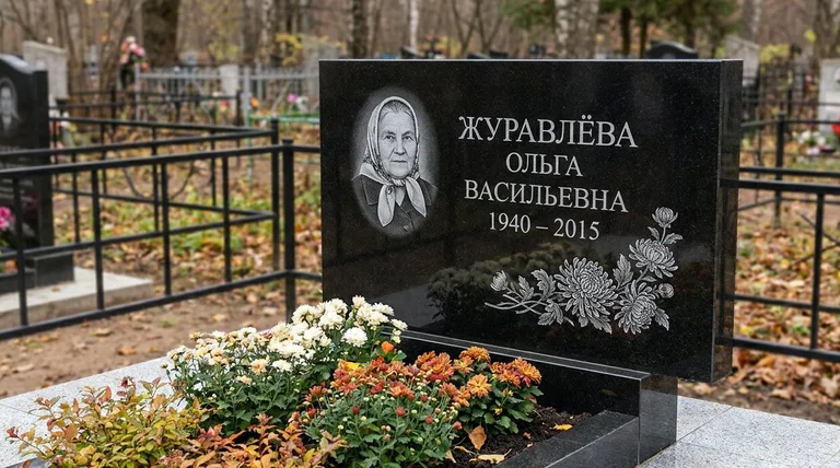 Памятник с гравировкой хризантем — выполненная работа «Журавлёва» в Калининграде