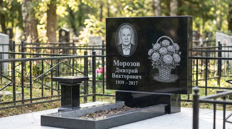 Памятник с гравировкой хризантем — выполненная работа «Морозов» в Калининграде