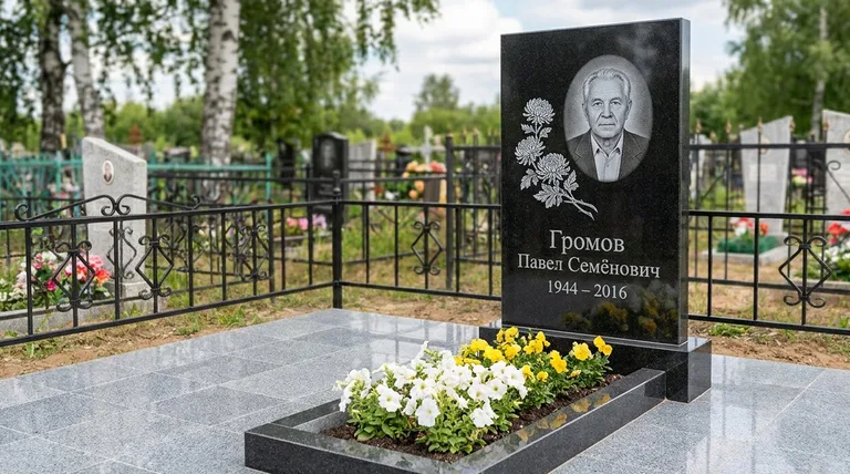 Памятник с гравировкой хризантем — выполненная работа «Громов» в Калининграде