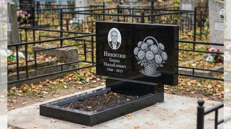 Памятник с гравировкой хризантем — выполненная работа «Никитин» в Калининграде