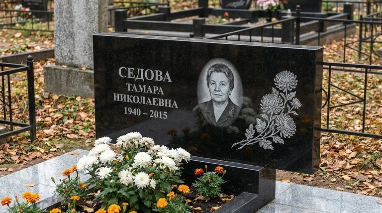 Памятник с гравировкой хризантем — выполненная работа «Седова» в Калининграде