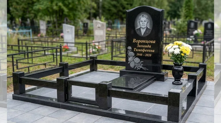 Памятник с гравировкой хризантем — выполненная работа «Воронцова» в Калининграде