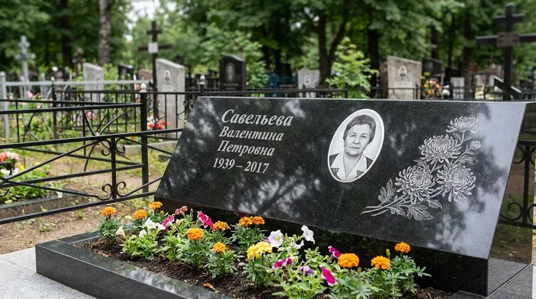 Памятник с гравировкой хризантем — выполненная работа «Савельева» в Калининграде