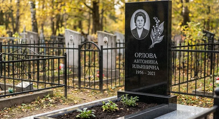 Памятник с гравировкой ландышей — выполненная работа «Орлова» в Калининграде