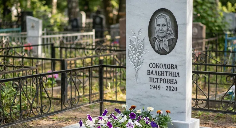 Памятник с гравировкой ландышей — выполненная работа «Соколова» в Калининграде