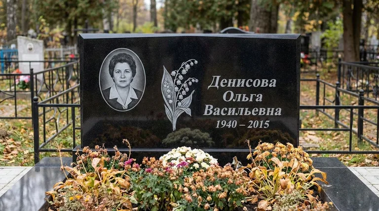 Памятник с гравировкой ландышей — выполненная работа «Денисова» в Калининграде
