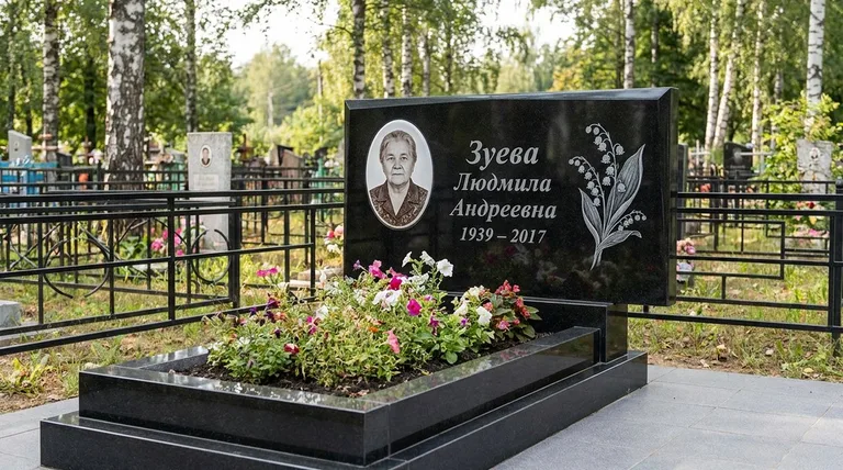 Памятник с гравировкой ландышей — выполненная работа «Зуева» в Калининграде