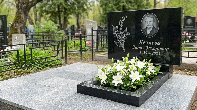 Памятник с гравировкой ландышей — выполненная работа «Беляева» в Калининграде