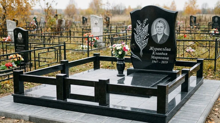 Памятник с гравировкой ландышей — выполненная работа «Журавлёва» в Калининграде