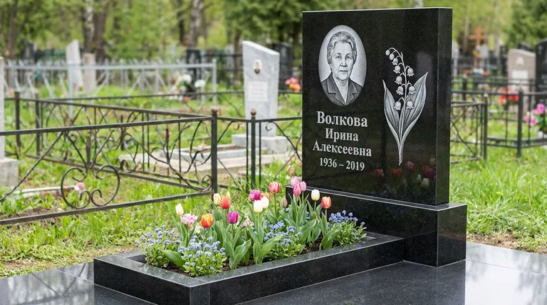Памятник с гравировкой ландышей — выполненная работа «Волкова» в Калининграде