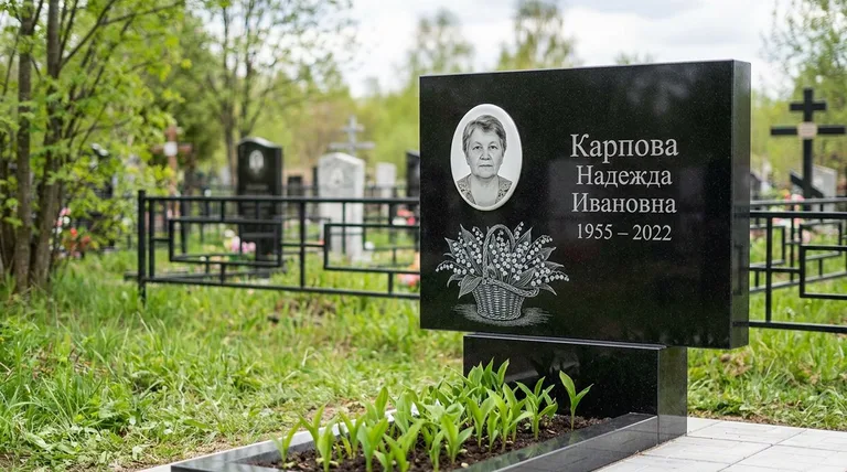Памятник с гравировкой ландышей — выполненная работа «Карпова» в Калининграде