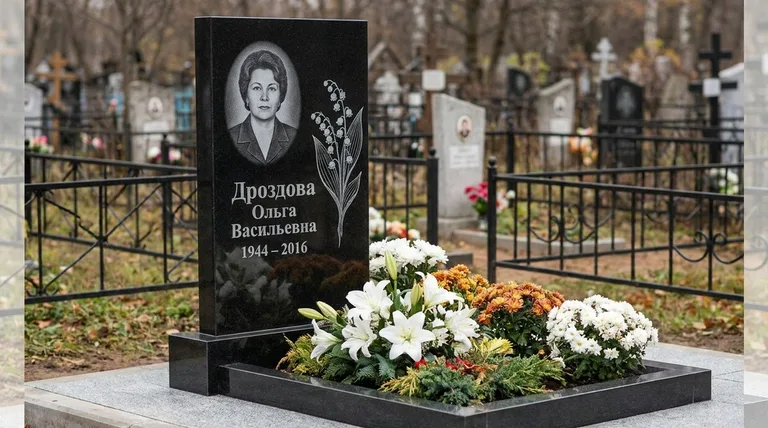 Памятник с гравировкой ландышей — выполненная работа «Дроздова» в Калининграде