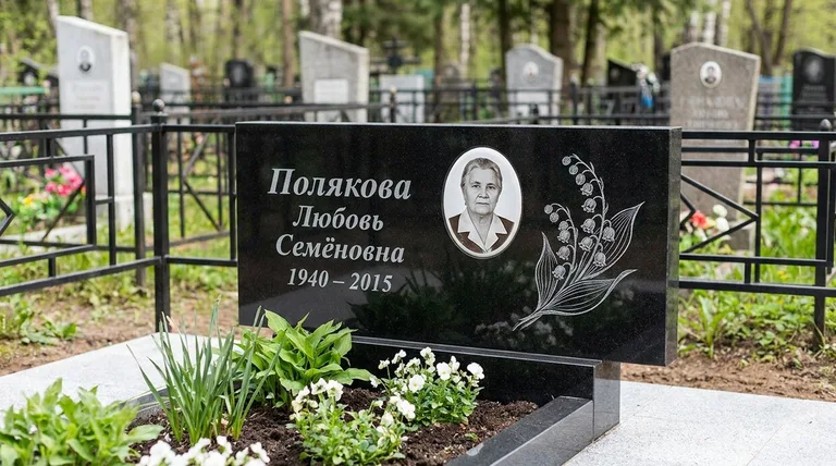 Памятник с гравировкой ландышей — выполненная работа «Полякова» в Калининграде