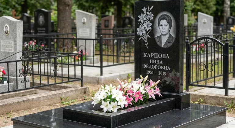 Памятник с гравировкой лилий — выполненная работа «Карпова» в Калининграде