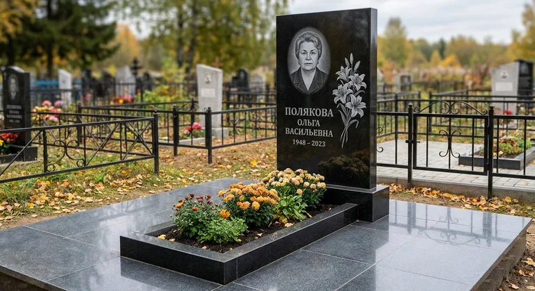 Памятник с гравировкой лилий — выполненная работа «Полякова» в Калининграде