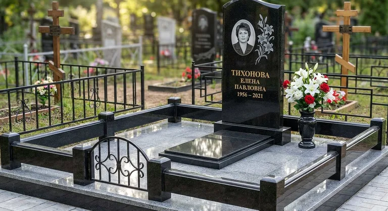 Памятник с гравировкой лилий — выполненная работа «Тихонова» в Калининграде