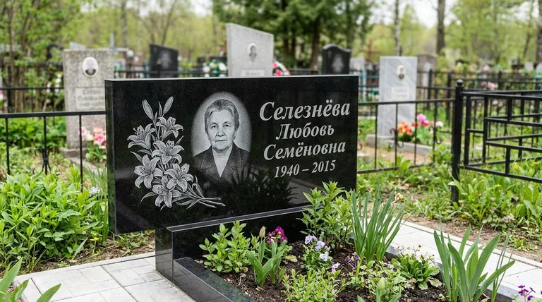 Памятник с гравировкой лилий — выполненная работа «Селезнёва» в Калининграде