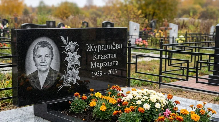 Памятник с гравировкой лилий — выполненная работа «Журавлёва» в Калининграде