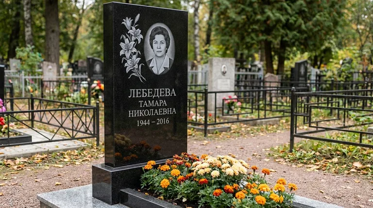 Памятник с гравировкой лилий — выполненная работа «Лебедева» в Калининграде