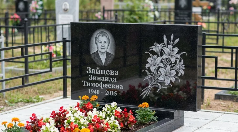 Памятник с гравировкой лилий — выполненная работа «Зайцева» в Калининграде