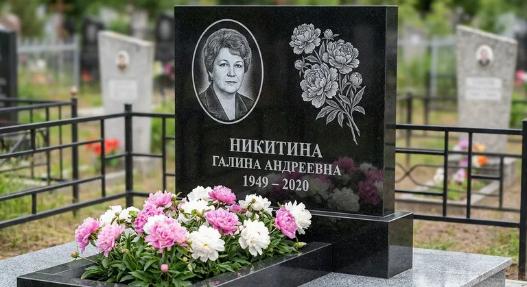Памятник с гравировкой пионов — выполненная работа «Никитина» в Калининграде