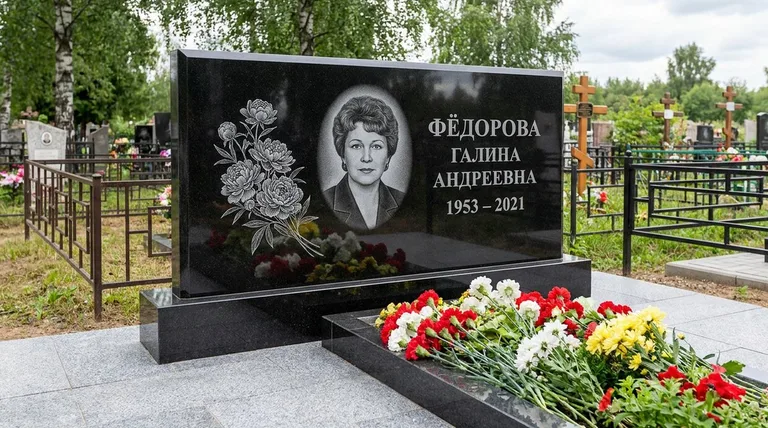 Памятник с гравировкой пионов — выполненная работа «Фёдорова» в Калининграде