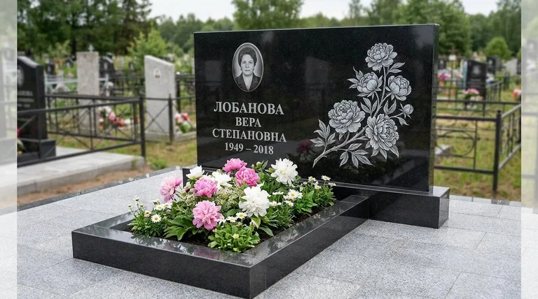 Памятник с гравировкой пионов — выполненная работа «Лобанова» в Калининграде