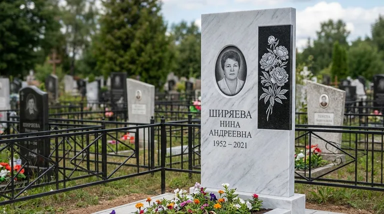 Памятник с гравировкой пионов — выполненная работа «Ширяева» в Калининграде