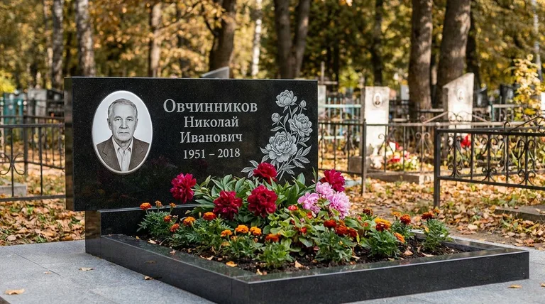 Памятник с гравировкой пионов — выполненная работа «Овчинников» в Калининграде