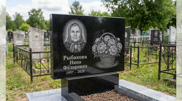 Памятник с гравировкой пионов — выполненная работа «Рыбакова» в Калининграде