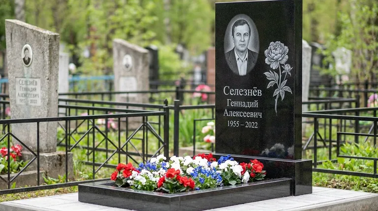 Памятник с гравировкой пионов — выполненная работа «Селезнёв» в Калининграде