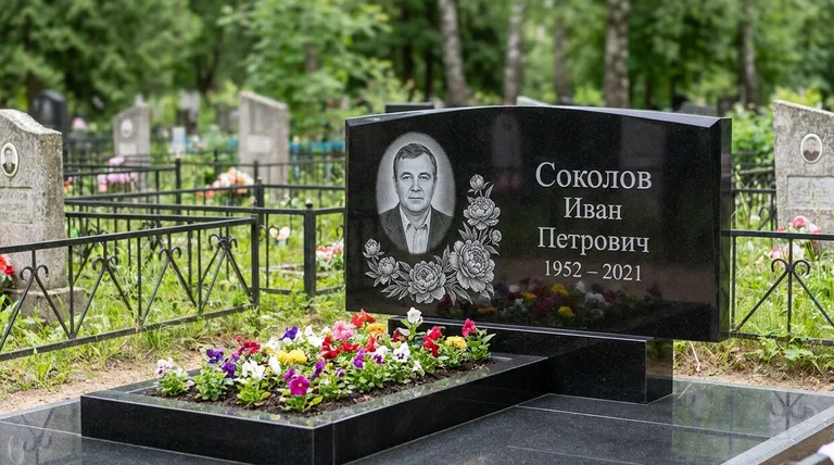 Памятник с гравировкой пионов — выполненная работа «Соколов» в Калининграде
