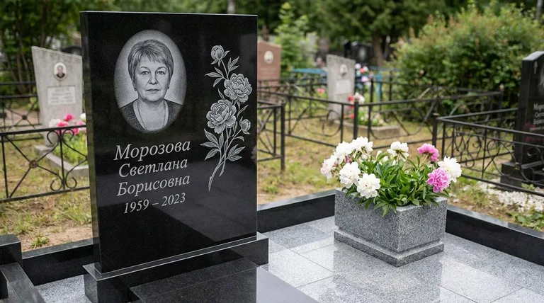 Памятник с гравировкой пионов — выполненная работа «Морозова» в Калининграде