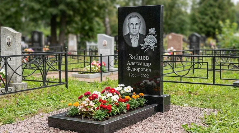 Памятник с гравировкой пионов — выполненная работа «Зайцев» в Калининграде