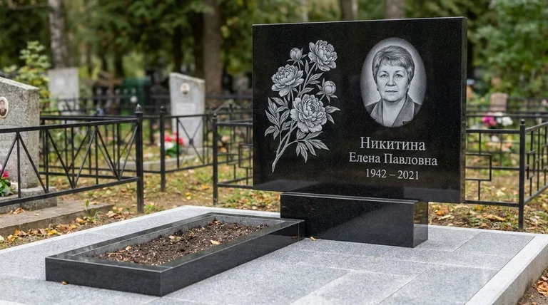 Памятник с гравировкой пионов — выполненная работа «Никитина» в Калининграде