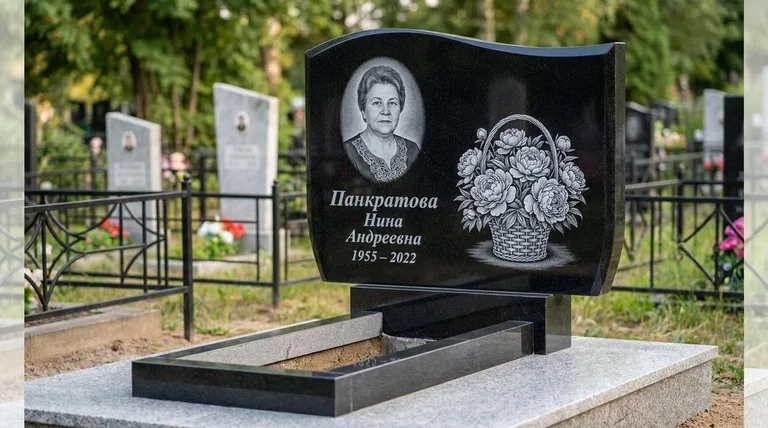 Памятник с гравировкой пионов — выполненная работа «Панкратова» в Калининграде