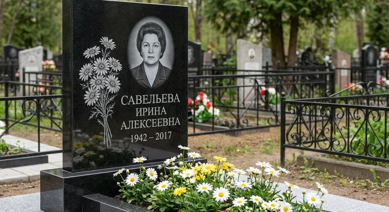 Памятник с гравировкой ромашек — выполненная работа «Савельева» в Калининграде