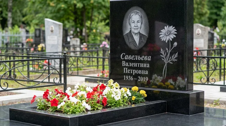 Памятник с гравировкой ромашек — выполненная работа «Савельева» в Калининграде