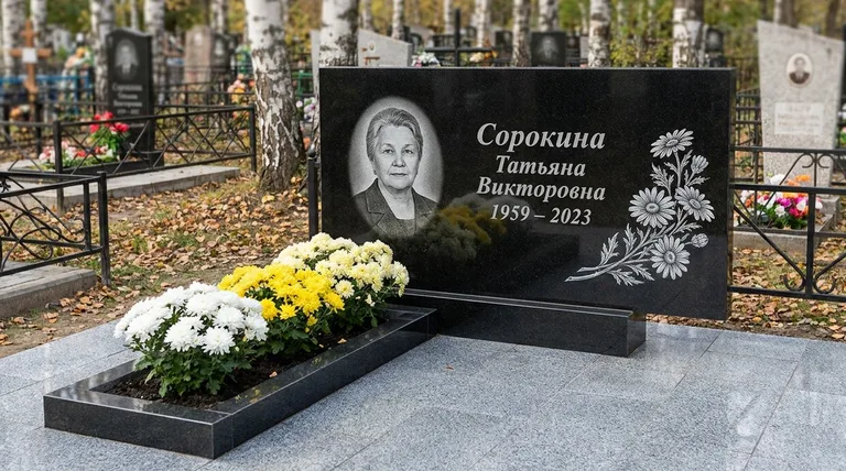Памятник с гравировкой ромашек — выполненная работа «Сорокина» в Калининграде