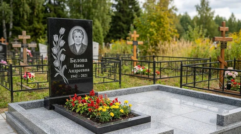 Памятник с гравировкой тюльпанов — выполненная работа «Белова» в Калининграде
