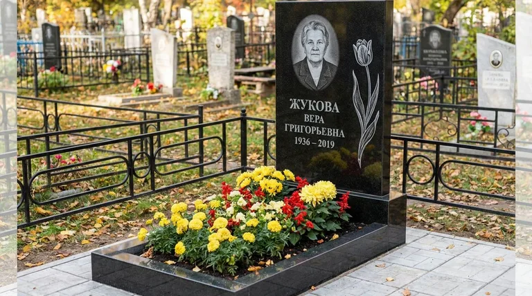 Памятник с гравировкой тюльпанов — выполненная работа «Жукова» в Калининграде