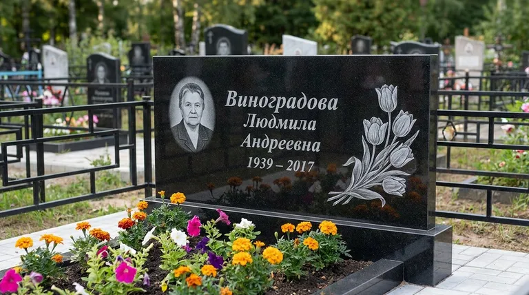 Памятник с гравировкой тюльпанов — выполненная работа «Виноградова» в Калининграде