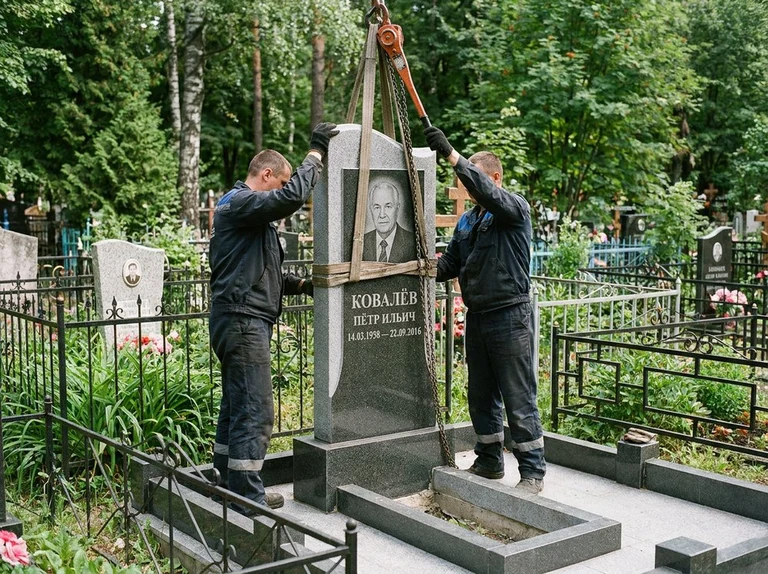 Демонтаж памятника на кладбище в Калининграде — бригада аккуратно снимает старый гранитный памятник с могилы