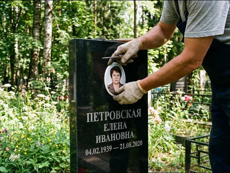 Фото на керамике на памятник в Калининграде — мастер устанавливает овальный керамический портрет на гранитный памятник